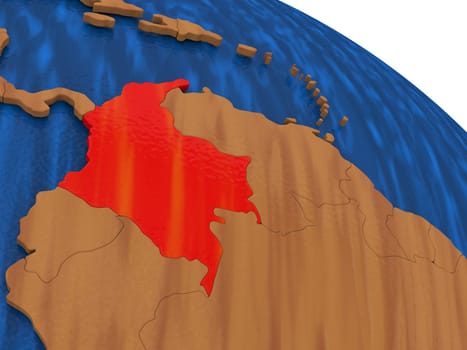 Map of Colombia on wooden globe. 3D illustration
