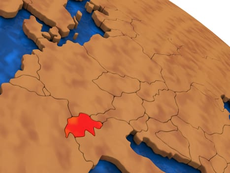 Map of Switzerland on wooden globe. 3D illustration