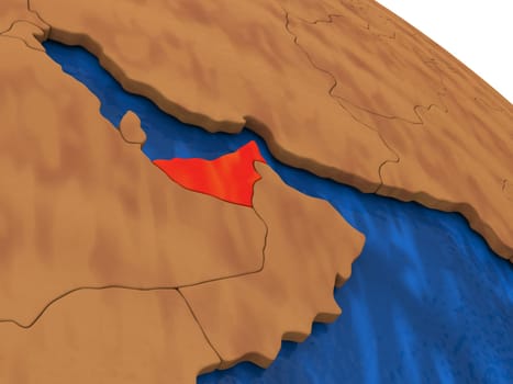 Map of United Arab Emirates on wooden globe. 3D illustration