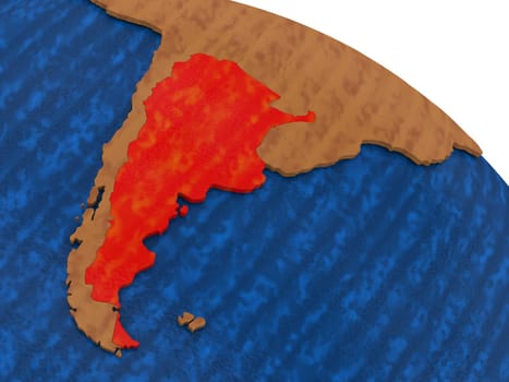 Map of Argentina on wooden globe. 3D illustration