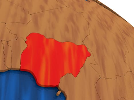 Map of Nigeria on wooden globe. 3D illustration