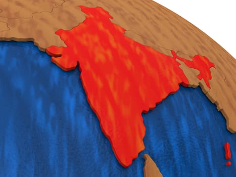 Map of India on wooden globe. 3D illustration