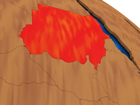 Map of Sudan on wooden globe. 3D illustration