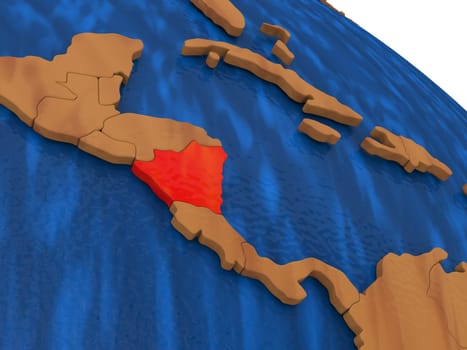 Map of Nicaragua on wooden globe. 3D illustration