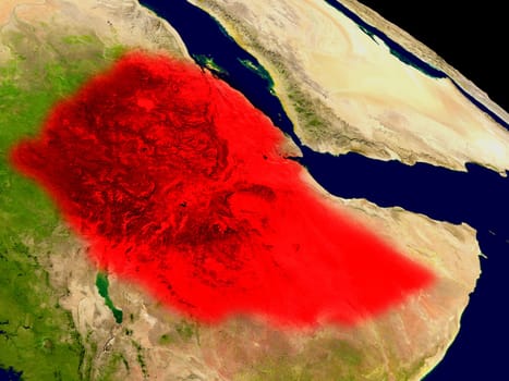 Ethiopia from space in red. 3D illustration with highly detailed realistic planet surface. Elements of this image furnished by NASA.