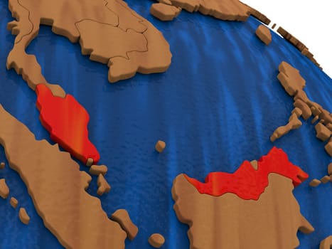 Map of Malaysia on wooden globe. 3D illustration