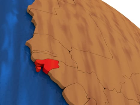 Map of Guinea-Bissau on wooden globe. 3D illustration