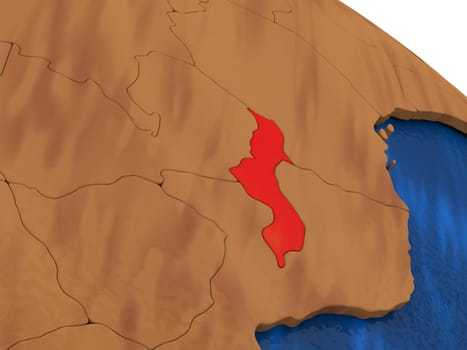 Map of Malawi on wooden globe. 3D illustration