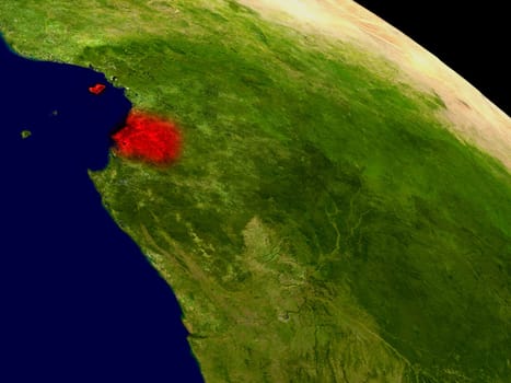 Equatorial Guinea from space in red. 3D illustration with highly detailed realistic planet surface. Elements of this image furnished by NASA.