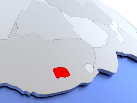 Map of Lesotho on elegant silver 3D globe with blue oceans. 3D illustration