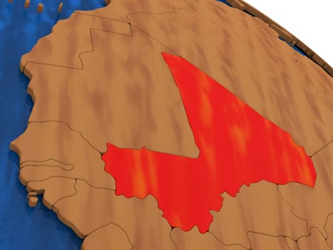 Map of Mali on wooden globe. 3D illustration