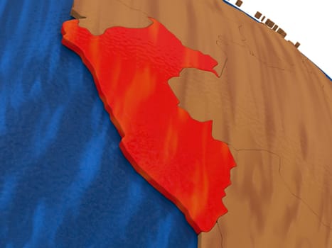 Map of Peru on wooden globe. 3D illustration