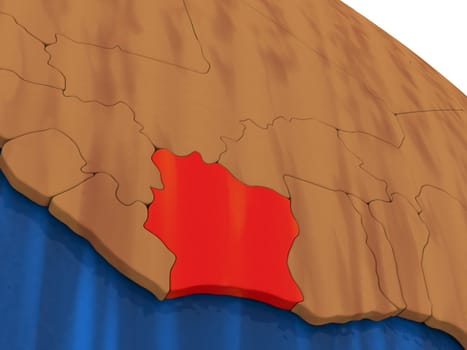 Map of Ivory Coast on wooden globe. 3D illustration