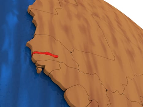 Map of Gambia on wooden globe. 3D illustration