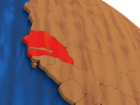 Map of Senegal on wooden globe. 3D illustration