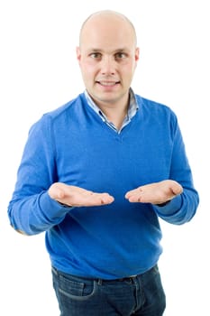 Young man showing his palms, isolated on white background