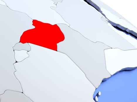 Map of Uganda on elegant silver 3D globe with blue oceans. 3D illustration