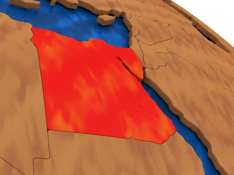 Map of Egypt on wooden globe. 3D illustration