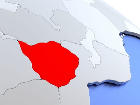 Map of Zimbabwe on elegant silver 3D globe with blue oceans. 3D illustration