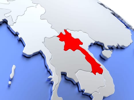 Map of Laos on elegant silver 3D globe with blue oceans. 3D illustration