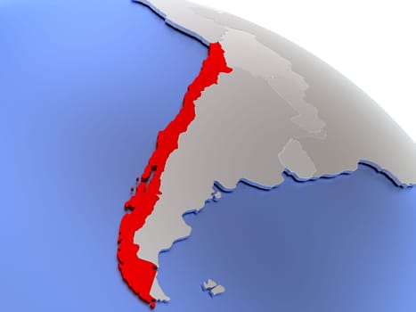 Map of Chile on elegant silver 3D globe with blue oceans. 3D illustration