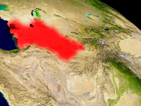 Turkmenistan from space in red. 3D illustration with highly detailed realistic planet surface. Elements of this image furnished by NASA.