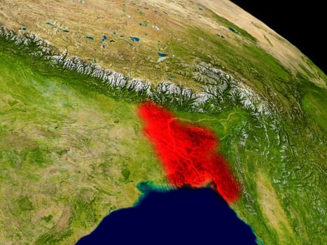 Bangladesh from space in red. 3D illustration with highly detailed realistic planet surface. Elements of this image furnished by NASA.