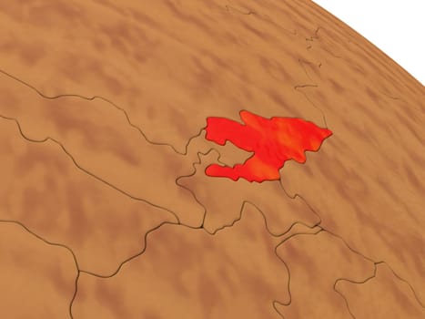 Map of Kyrgyzstan on wooden globe. 3D illustration