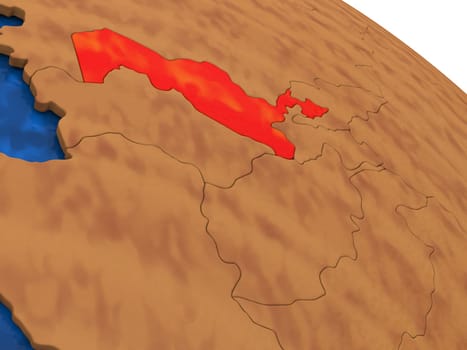 Map of Uzbekistan on wooden globe. 3D illustration