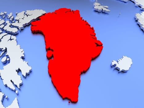 Map of Greenland on elegant silver 3D globe with blue oceans. 3D illustration