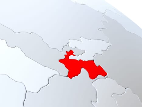 Map of Tajikistan on elegant silver 3D globe with blue oceans. 3D illustration