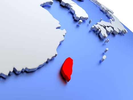 Map of Taiwan on elegant silver 3D globe with blue oceans. 3D illustration