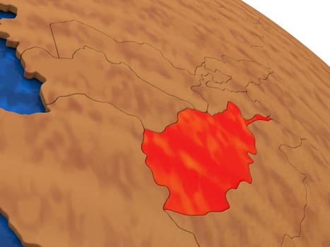 Map of Afghanistan on wooden globe. 3D illustration