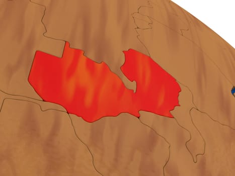 Map of Zambia on wooden globe. 3D illustration