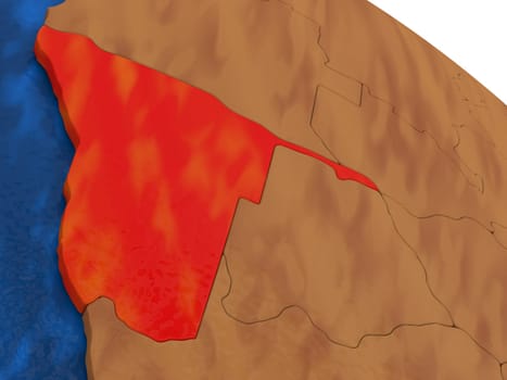 Map of Namibia on wooden globe. 3D illustration
