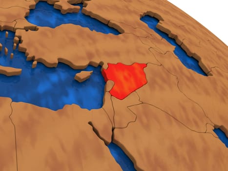 Map of Syria on wooden globe. 3D illustration