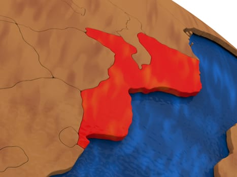 Map of Mozambique on wooden globe. 3D illustration