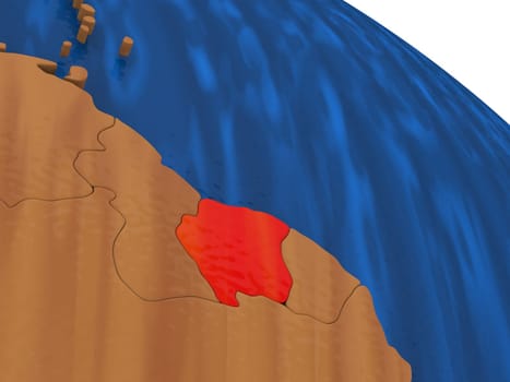 Map of Suriname on wooden globe. 3D illustration