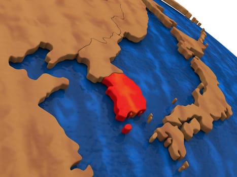 Map of South Korea on wooden globe. 3D illustration