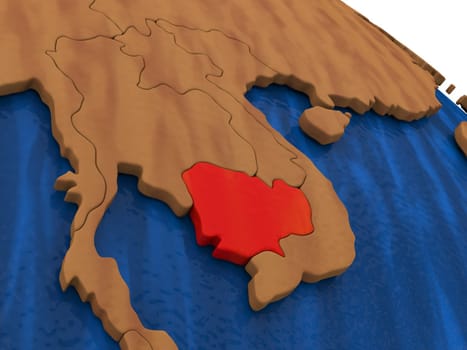 Map of Cambodia on wooden globe. 3D illustration