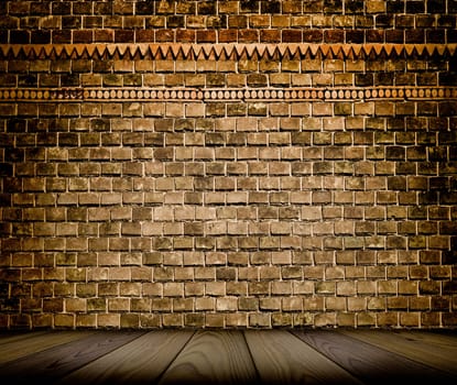 interior with an old brick wall and wooden floor