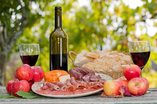 Country life setting with wine, fruits, cheese and meat. Outdoor