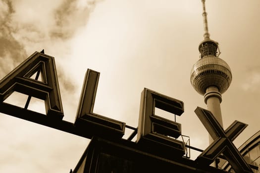 The Alexanderplatz lettering and the TV tower at Alexanderplatz station in Berlin