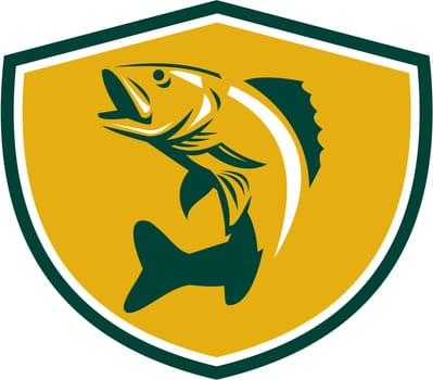 Illustration of a Walleye (Sander vitreus, formerly Stizostedion vitreum), a freshwater perciform fish jumping up  viewed from the side set inside shield crest on isolated background done in retro style.