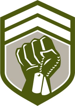 Illustration of a clenched fist clutching holding dogtag viewed from front set inside shield crest done in retro style.