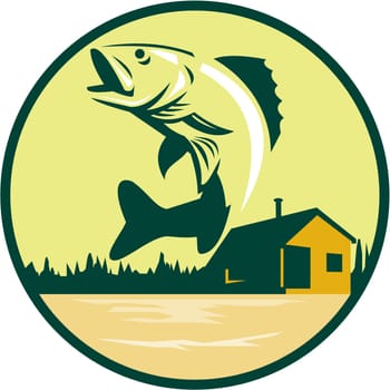 Illustration of a Walleye (Sander vitreus, formerly Stizostedion vitreum), a freshwater perciform fish jumping with lake and cabin in the woods in the background set inside circle done in retro style.