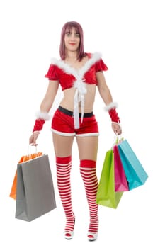a beautiful Santa Claus woman holding shopping bags