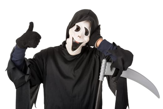 Kid with reaper mask in Halloween costume isolated in white