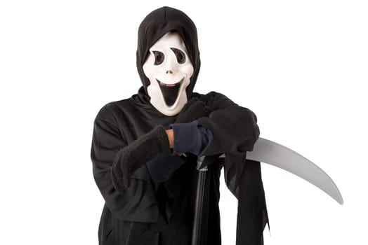 Kid with reaper mask in Halloween costume isolated in white