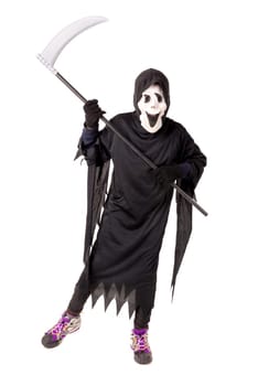 Kid with reaper mask in Halloween costume isolated in white